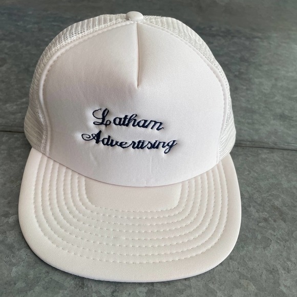 Vintage Latham Advertising Script Embroidered Snapback Hat White Blue Retro Dad - Picture 1 of 10